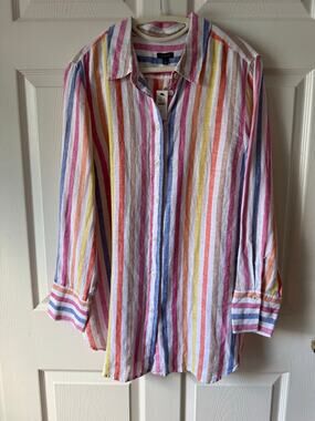 Talbots NWT 100% Linen Rainbow Stripe Button Front Shirt XL